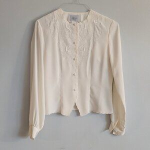 vintage 90s blouse jaclyn smith top ivory embroidered 6 long sleeve shoulder pad